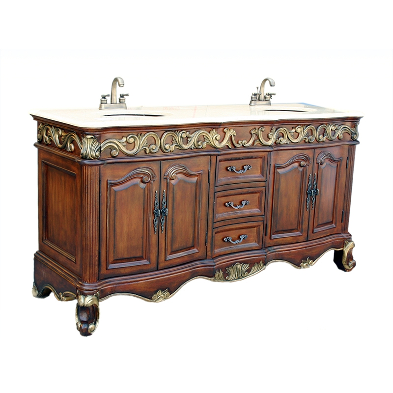 Antique Bathroom Vanity 68 Inch Hand Cared With Double Sink ，Solide Wood Carrara Natural Marble, Three Drawers Four Doors